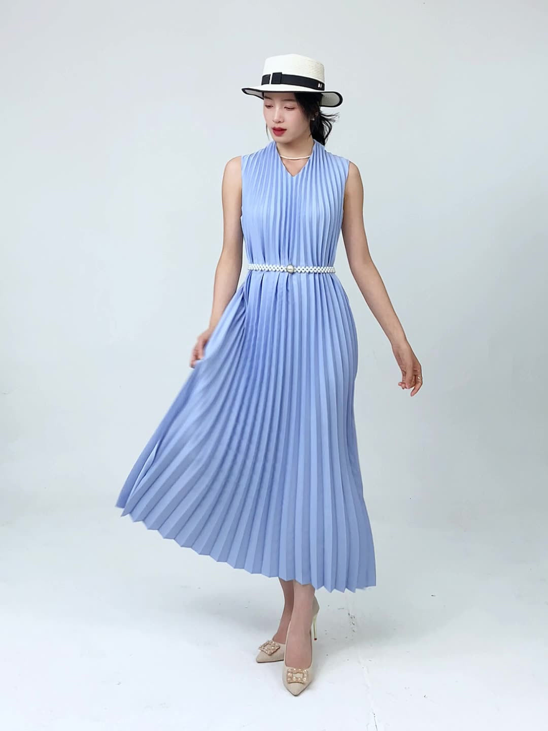 Breezy Blue Pleated Dress