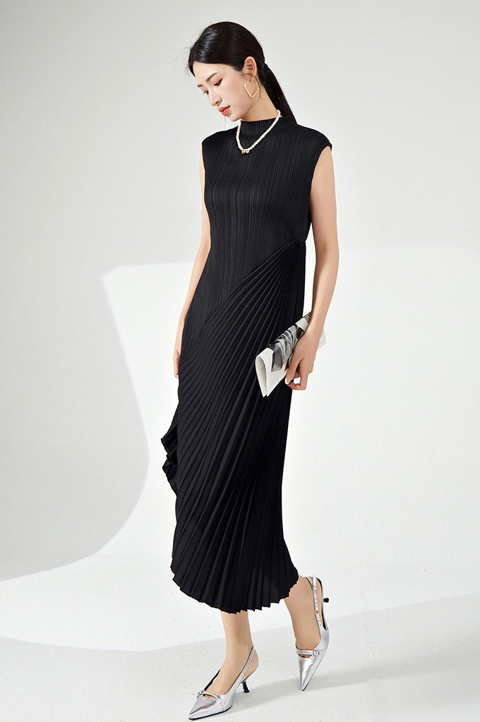 Shadow Fold Pleated Black Dress