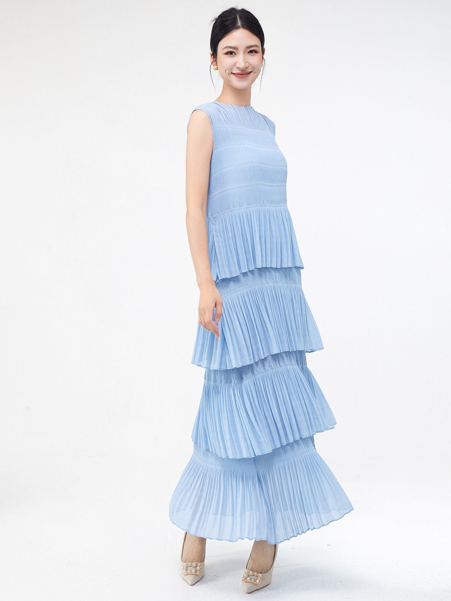 Ocean Waves Multi Tiered Pleated Blue Dress