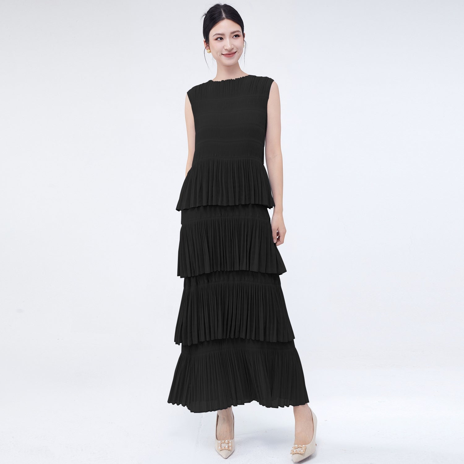 Cascading Tiered Pleated Black Dress