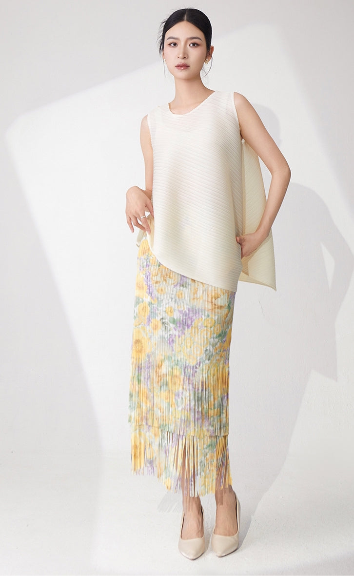 Ivory Pleated Top & Floral Tiered Pleated Skirt Set