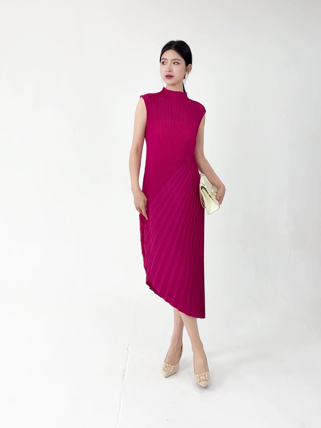 Rose Red Pleated Asymmetrical Dress