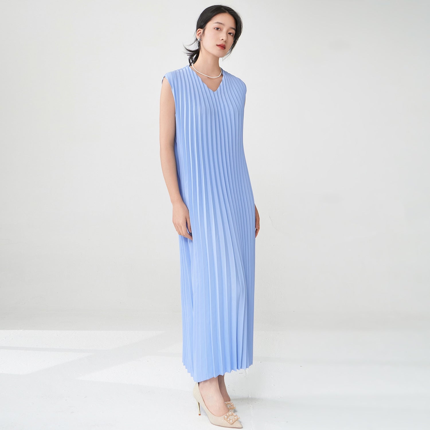 Breezy Blue Pleated Dress