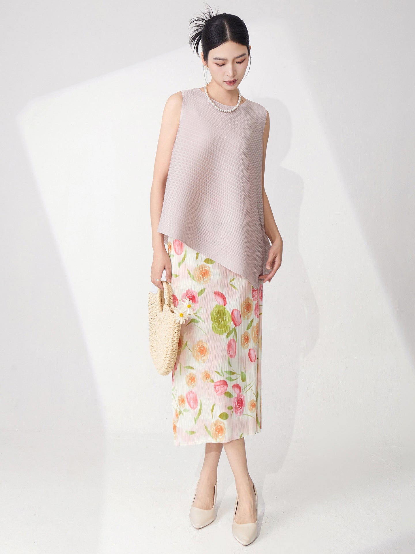 Mauve Pleated Top & Floral Pleated Skirt Set