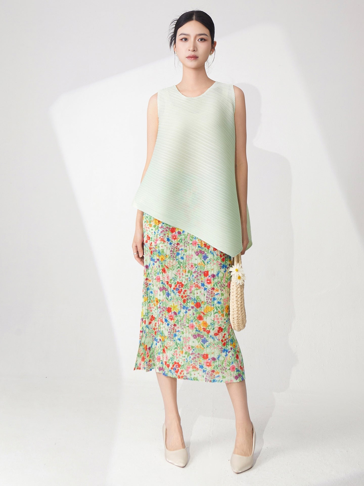 Pistachio Pleated Top & Floral Pleated Skirt Set