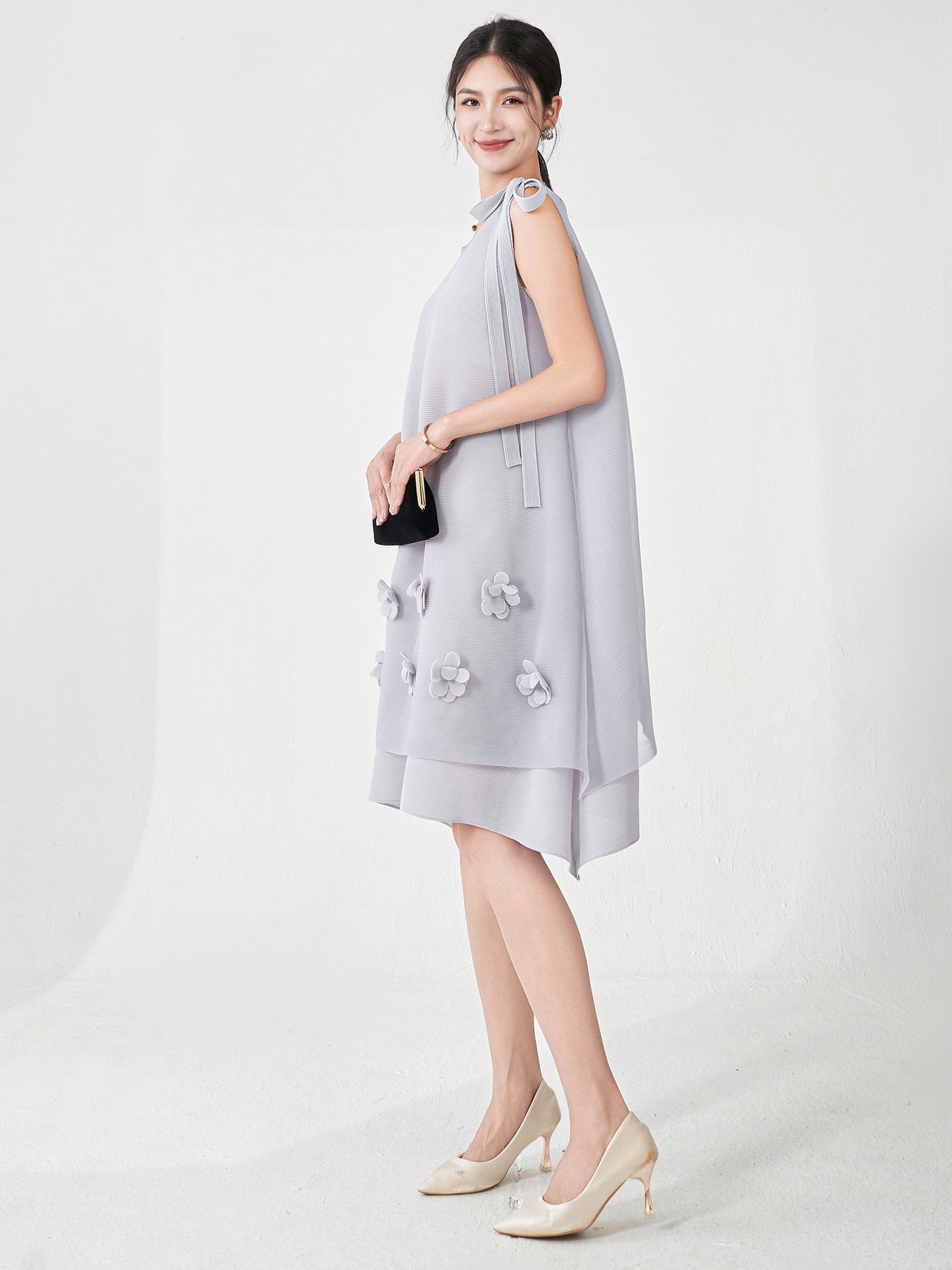 Pleated Floral Applique Ash Grey Dress