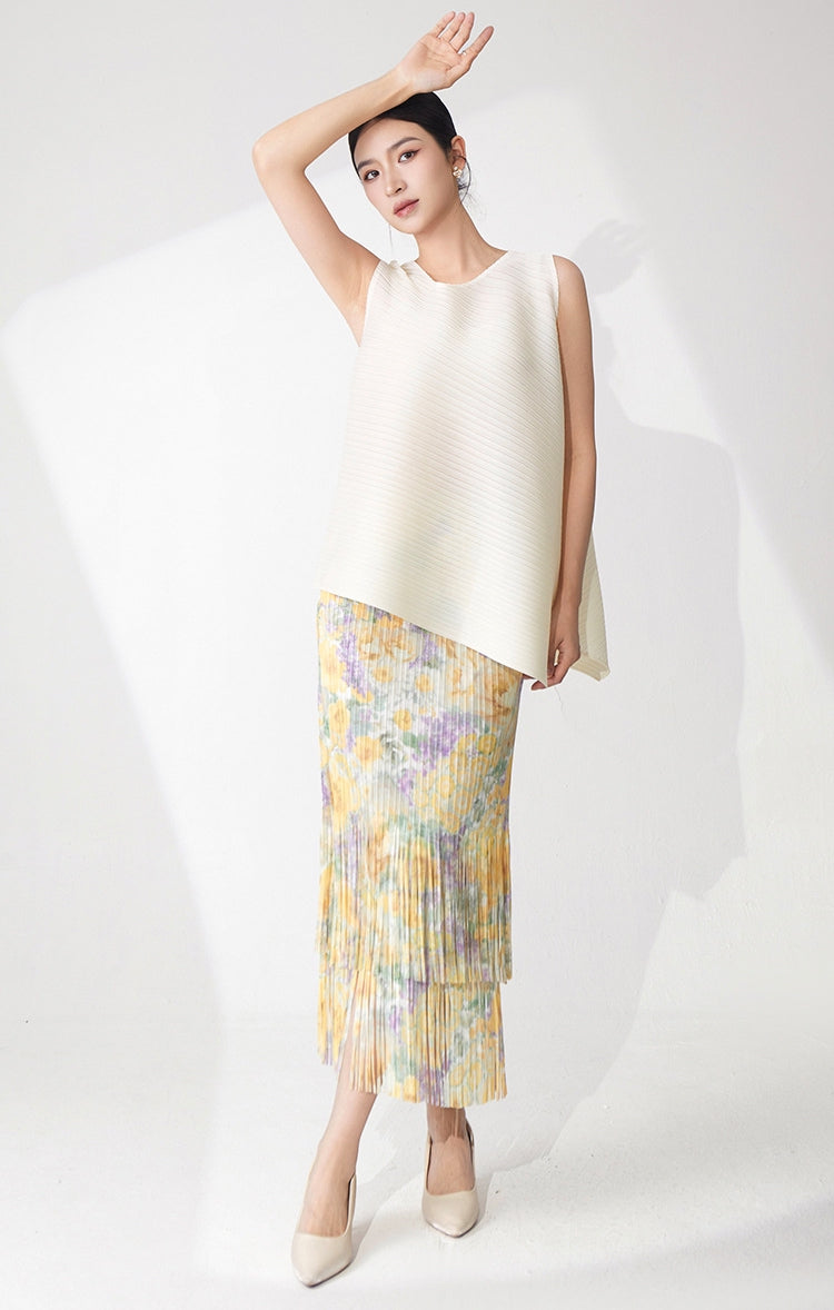 Ivory Pleated Top & Floral Tiered Pleated Skirt Set