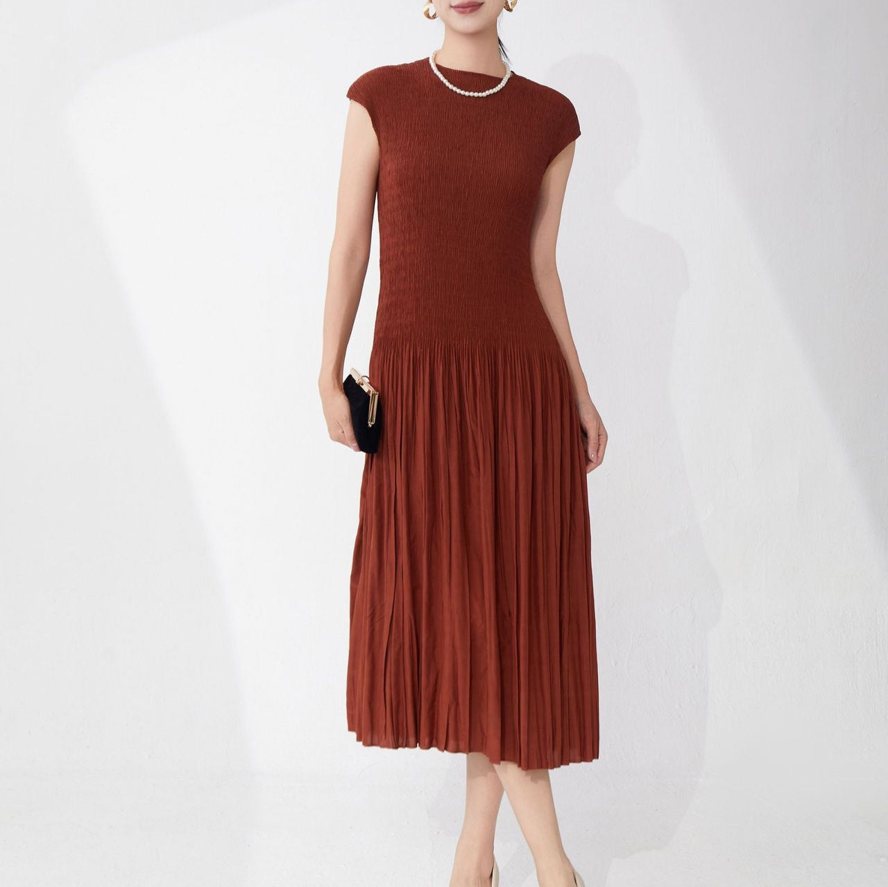 Cocoa Drape Pleated Brown Dress