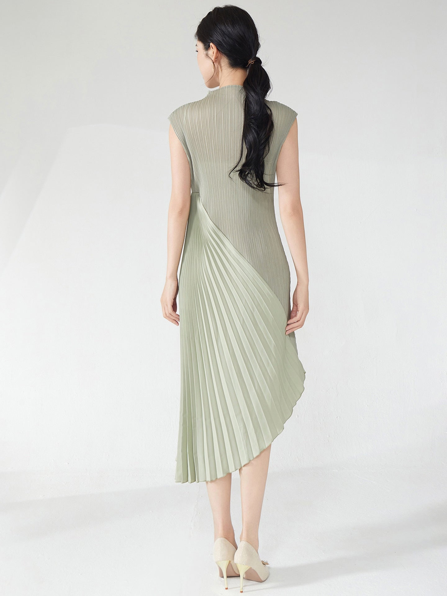 Ash Green Pleated Asymmetrical Midi Dress