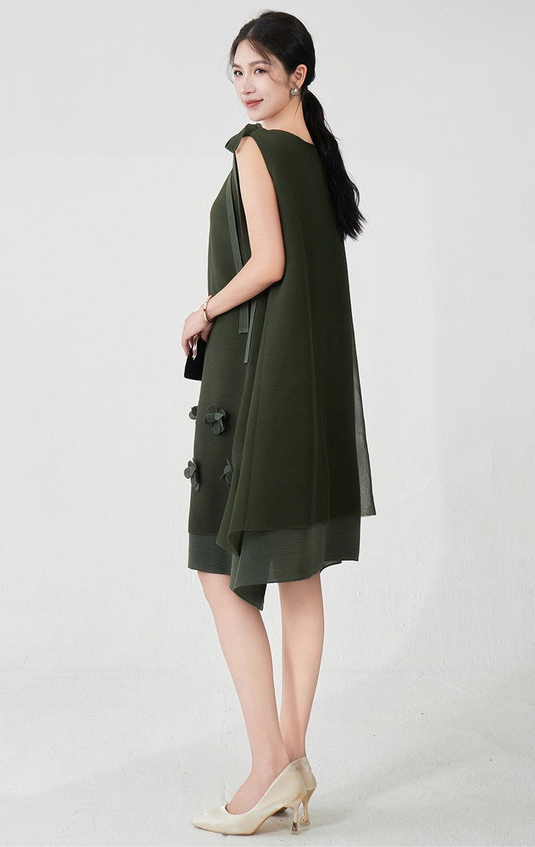 Pleated Floral Applique Deep Green Dress