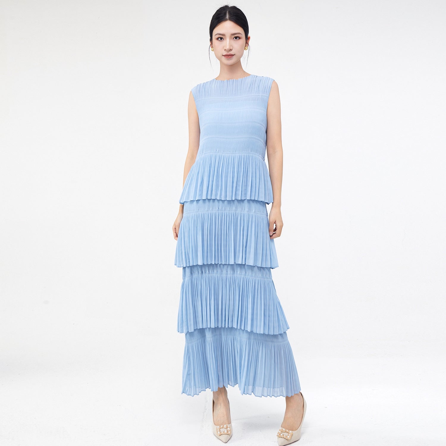 Ocean Waves Multi Tiered Pleated Blue Dress