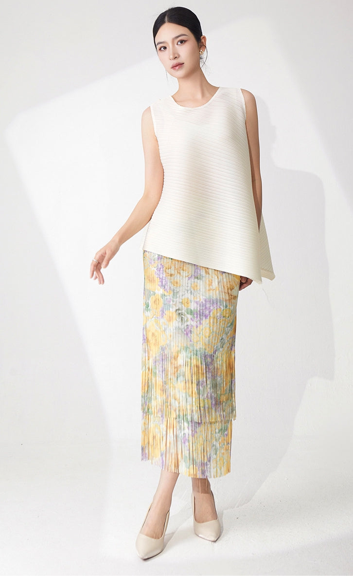 Ivory Pleated Top & Floral Tiered Pleated Skirt Set