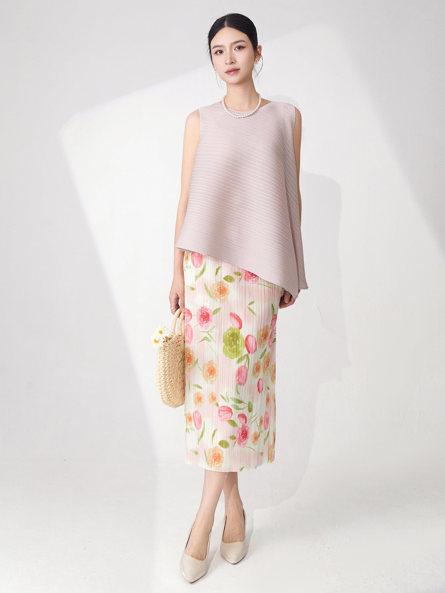 Mauve Pleated Top & Floral Pleated Skirt Set