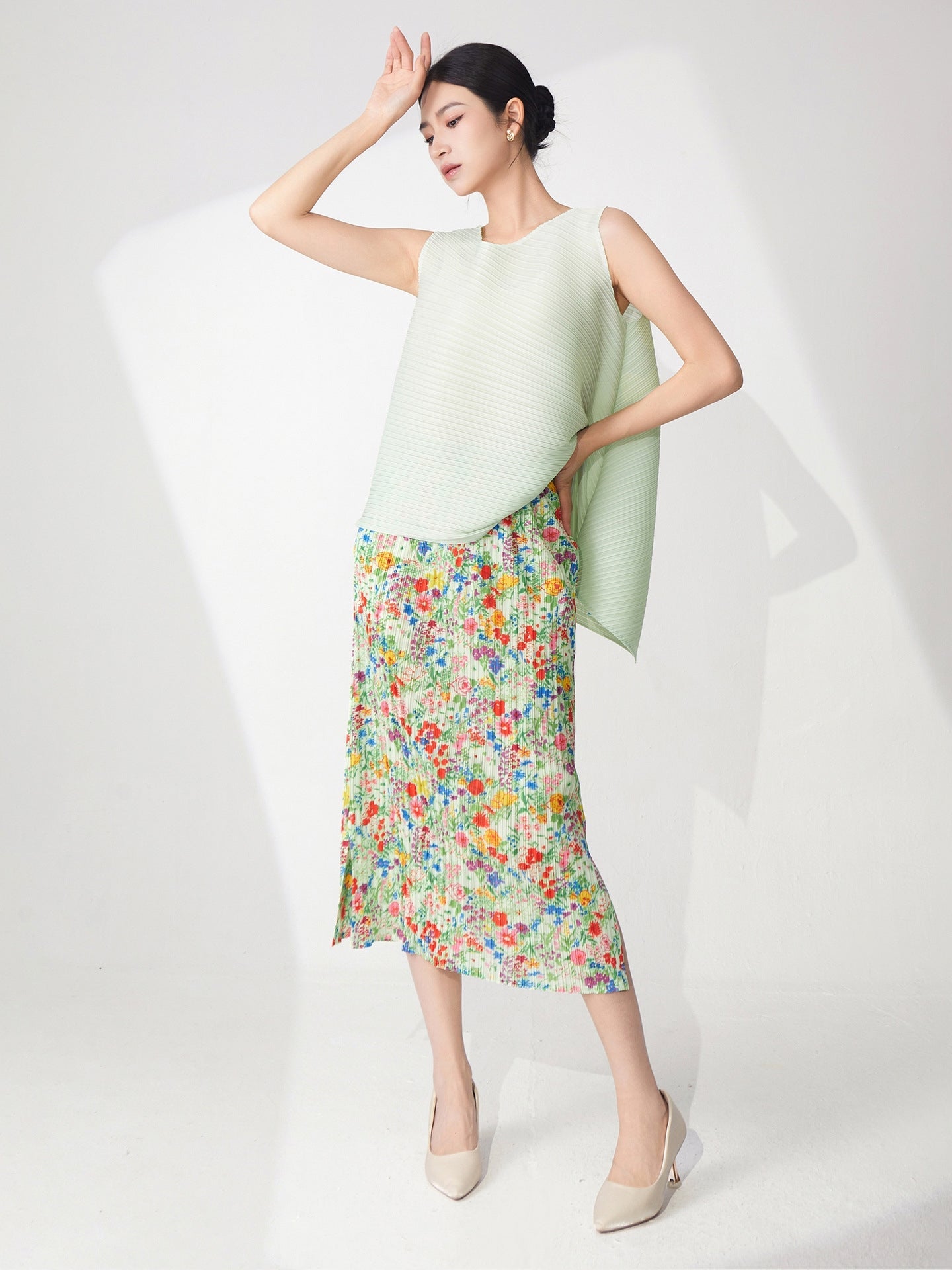 Pistachio Pleated Top & Floral Pleated Skirt Set