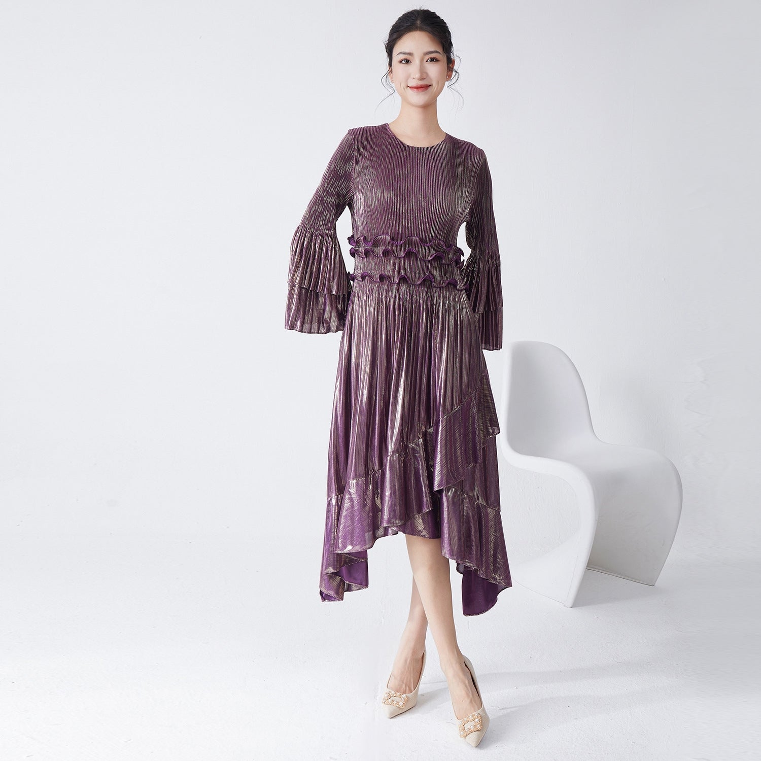 Pleated Metallic Purple Dress
