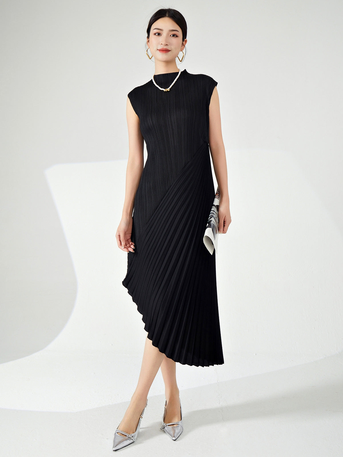Shadow Fold Pleated Black Dress