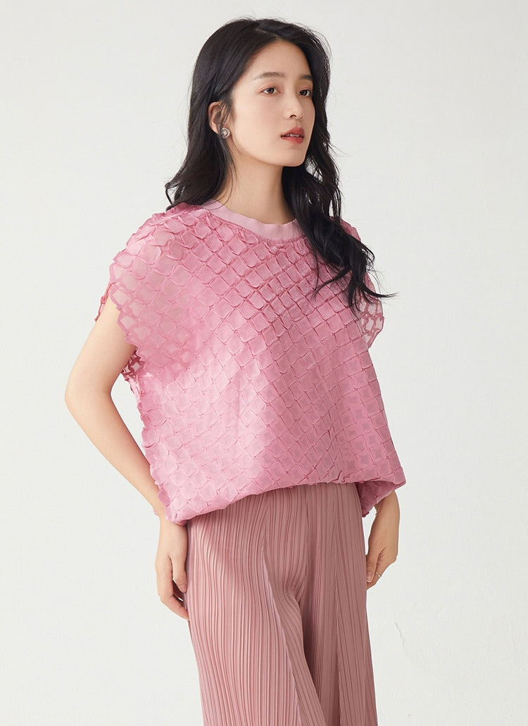 Rosé Petal Mesh Miyaki Fold Pullover Top