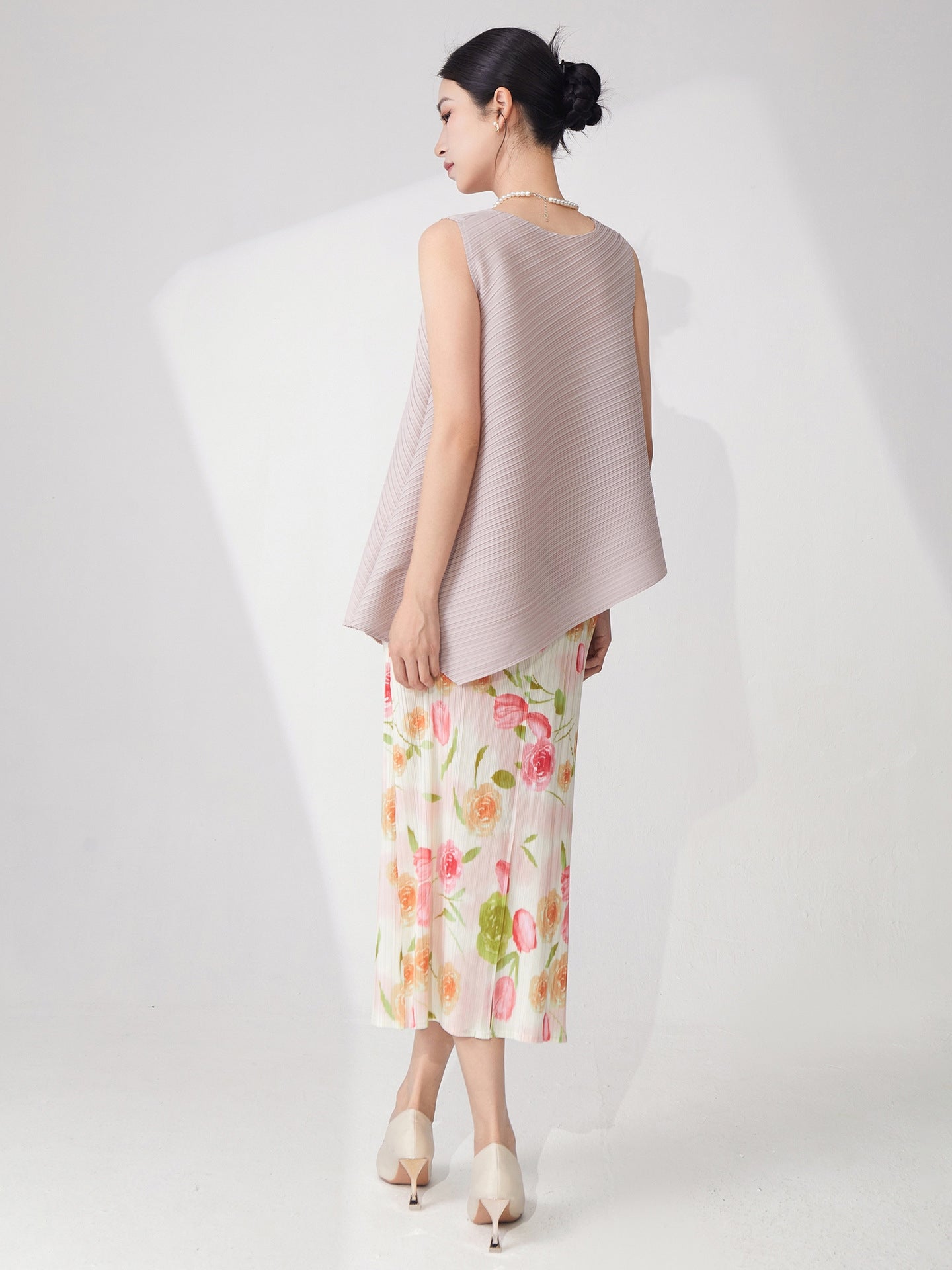 Mauve Pleated Top & Floral Pleated Skirt Set