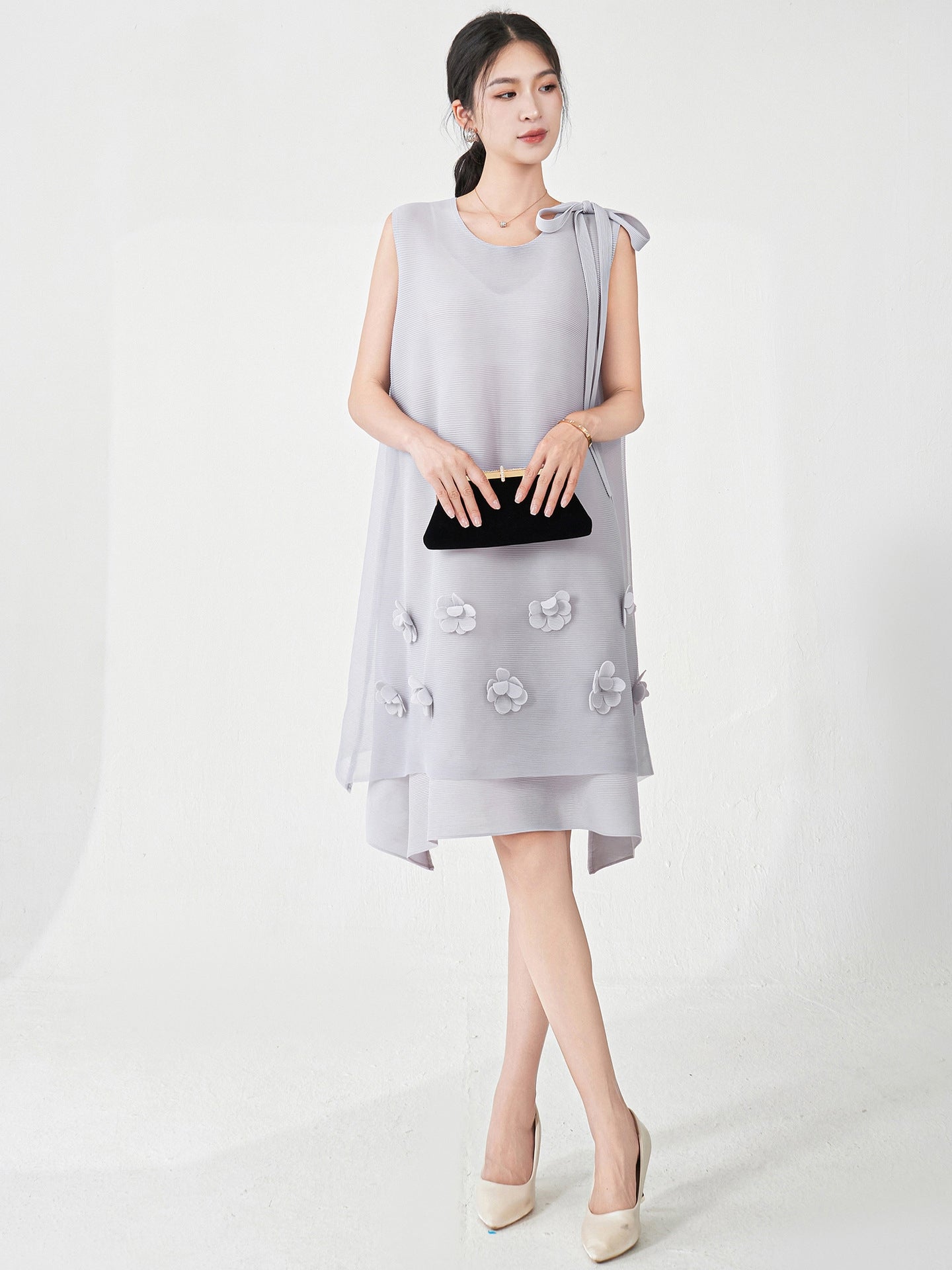 Pleated Floral Applique Ash Grey Dress