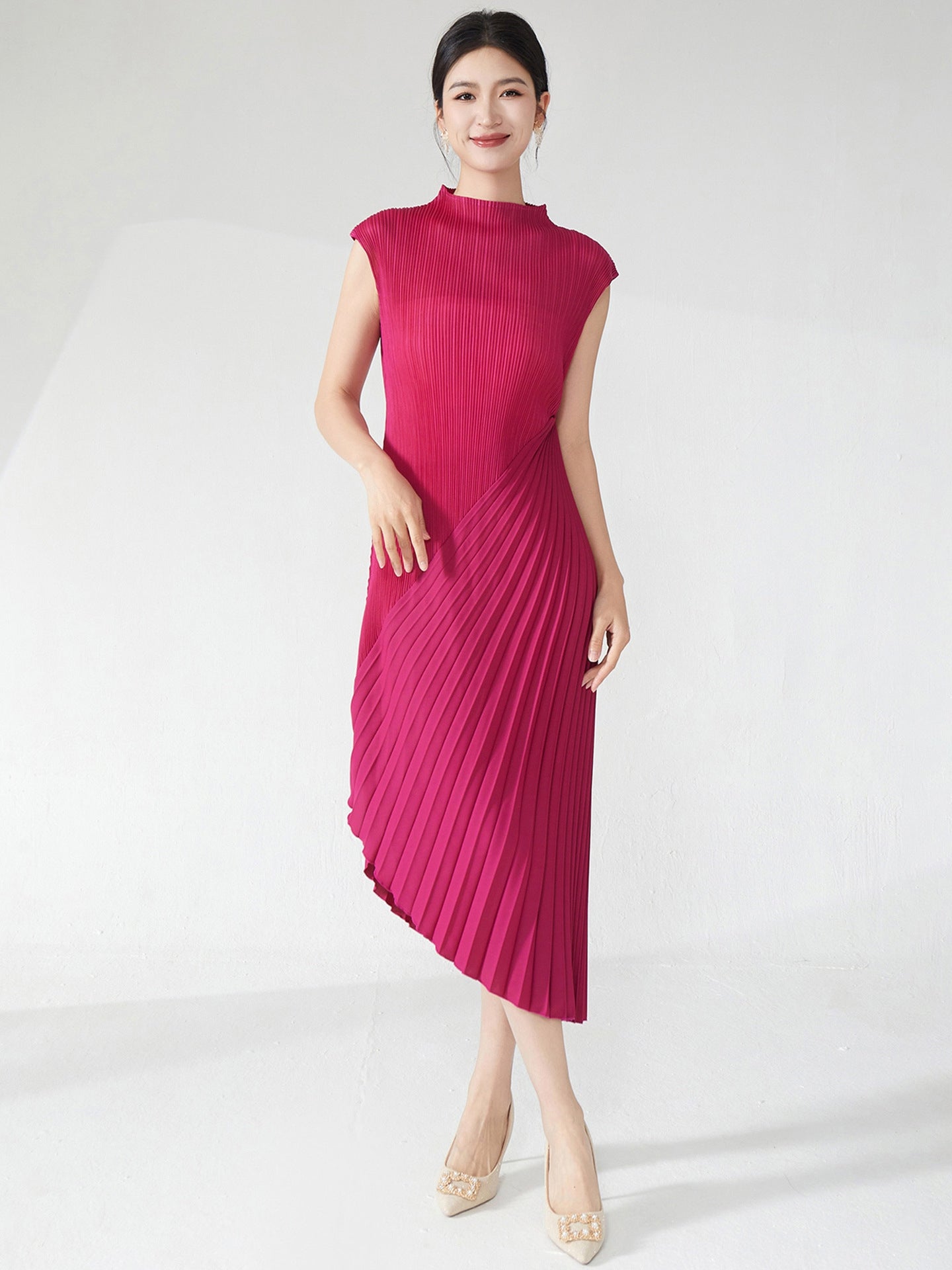 Rose Red Pleated Asymmetrical Dress