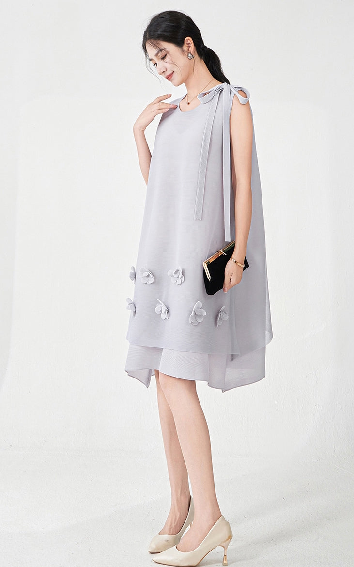 Pleated Floral Applique Ash Grey Dress