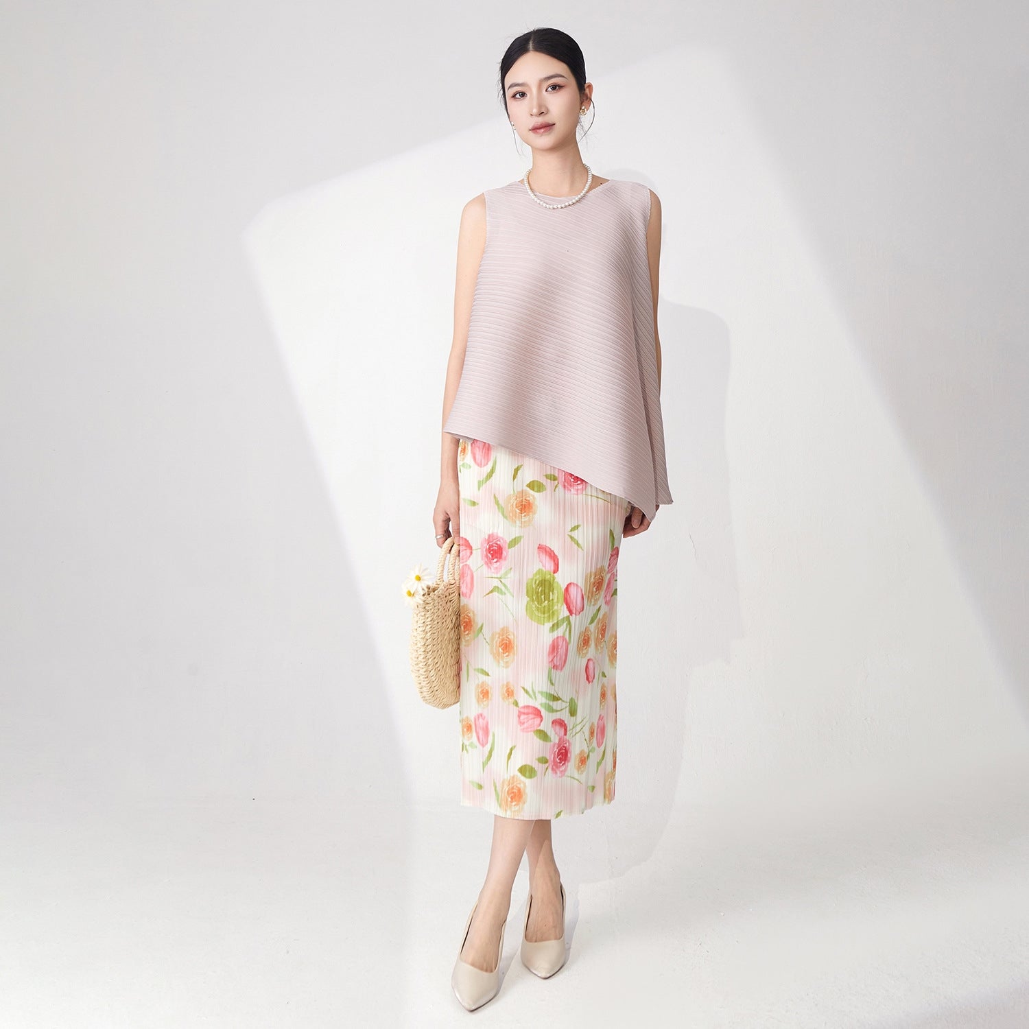 Mauve Pleated Top & Floral Pleated Skirt Set
