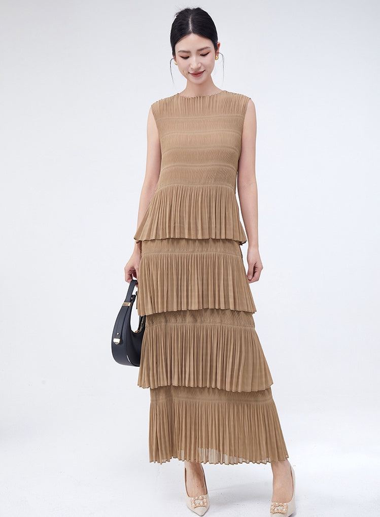 Sandy Breeze Pleated Muti Tiered Khaki Dress