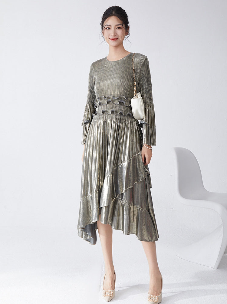 Pleated Metallic Iron Grey Dress