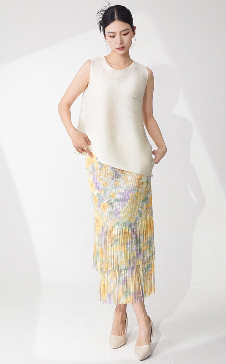 Ivory Pleated Top & Floral Tiered Pleated Skirt Set