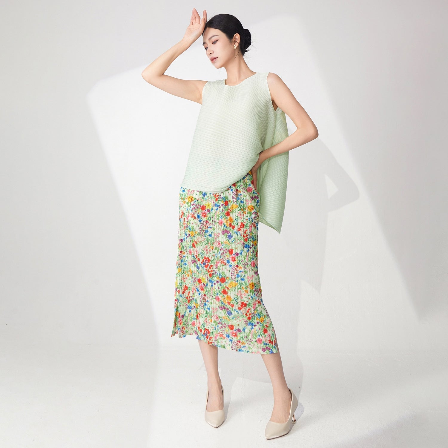 Pistachio Pleated Top & Floral Pleated Skirt Set
