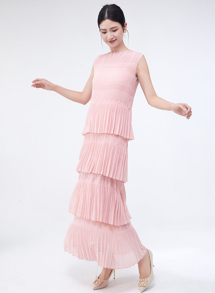 Cotton Candy Multi Tiered Pleated Pink Dress