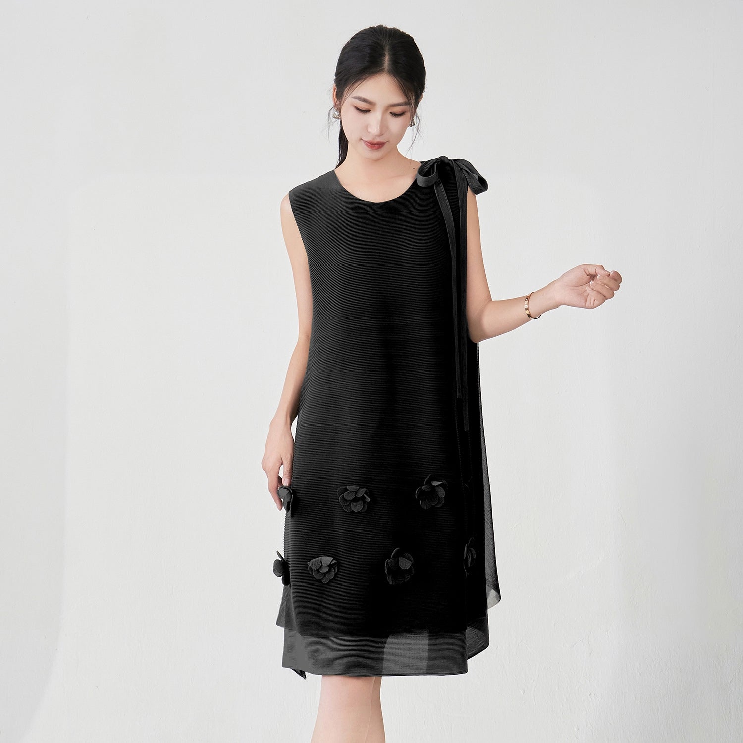 Pleated Floral Applique Black Dress