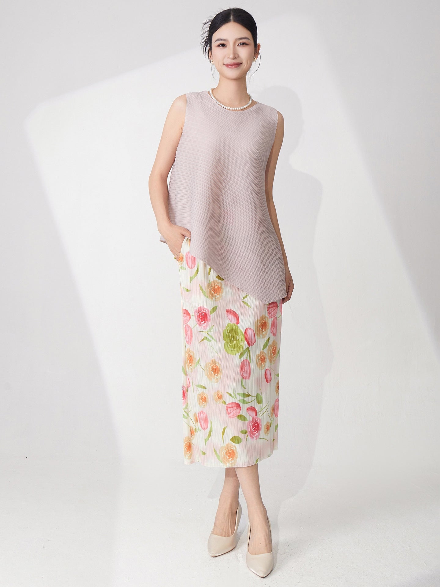 Mauve Pleated Top & Floral Pleated Skirt Set