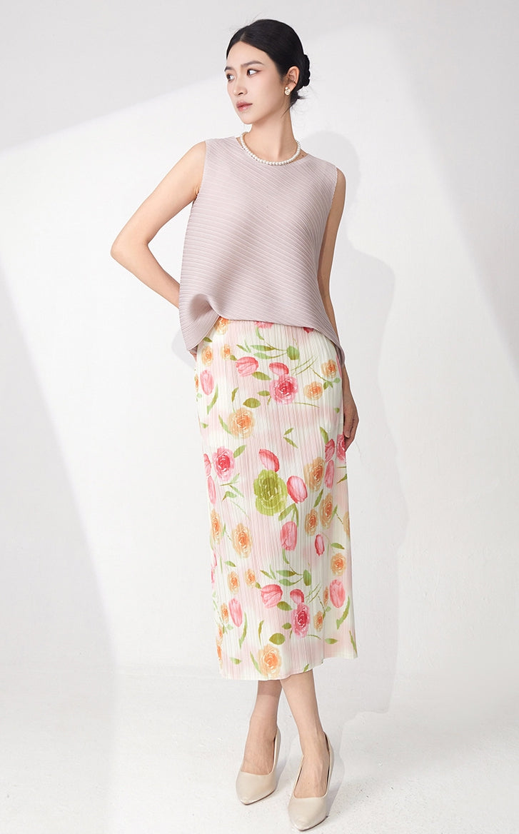 Mauve Pleated Top & Floral Pleated Skirt Set