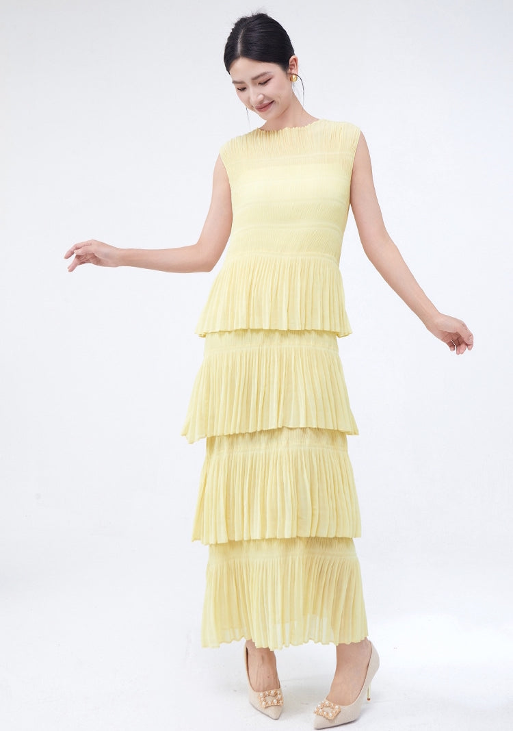 Sunbeam Pleated Multi Tiered Yellow Dress