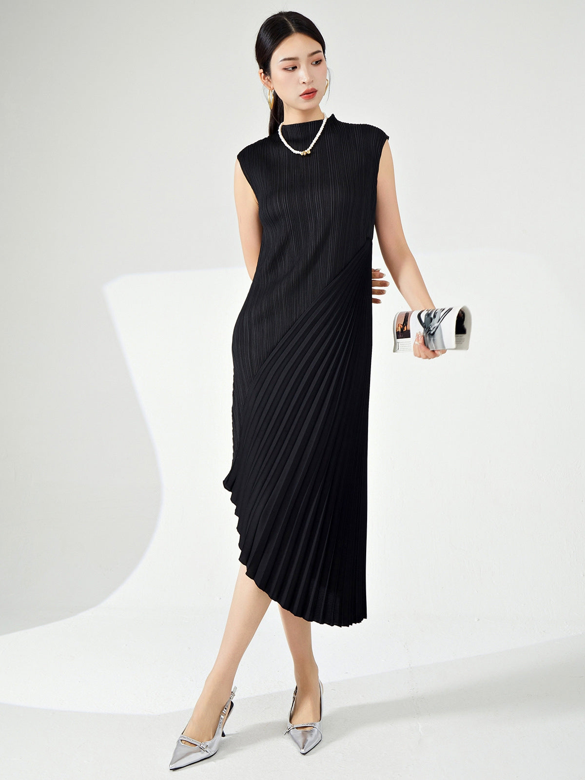Shadow Fold Pleated Black Dress