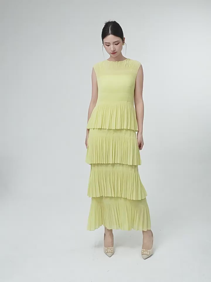 Ocean Waves Multi Tiered Pleated Blue Dress