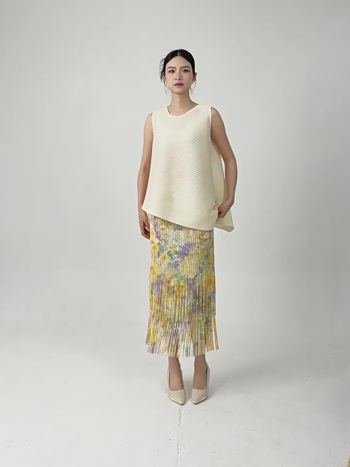 Ivory Pleated Top & Floral Tiered Pleated Skirt Set