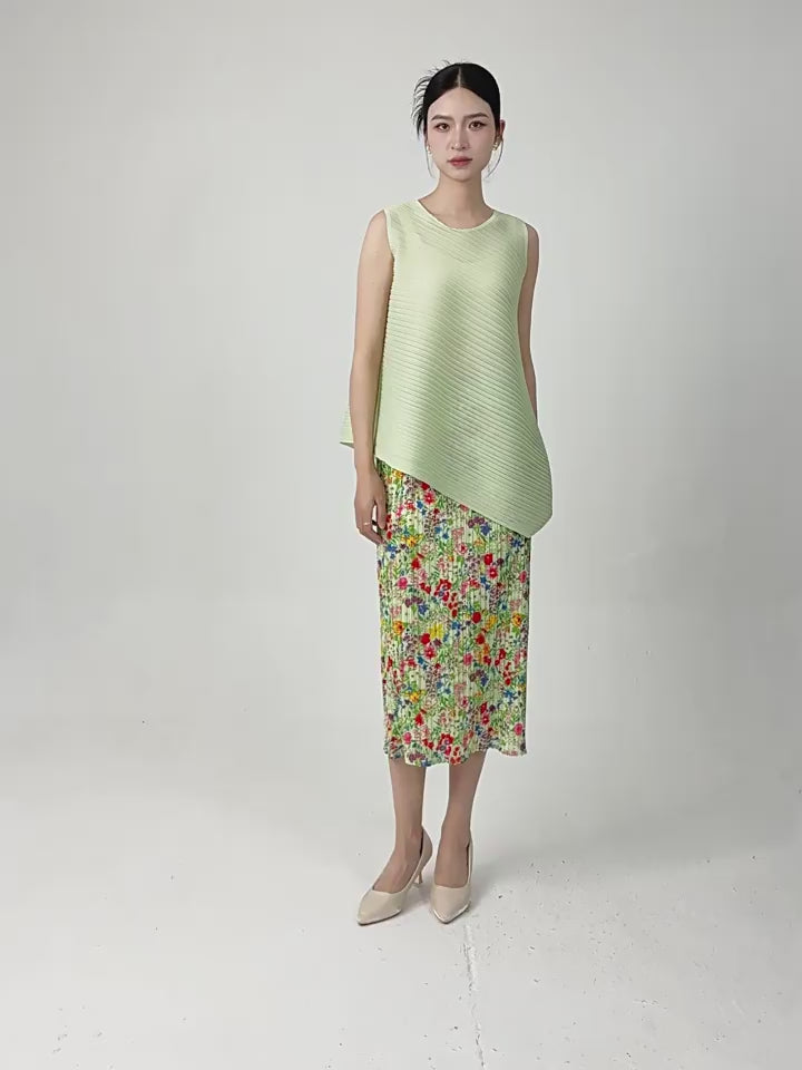 Pistachio Pleated Top & Floral Pleated Skirt Set
