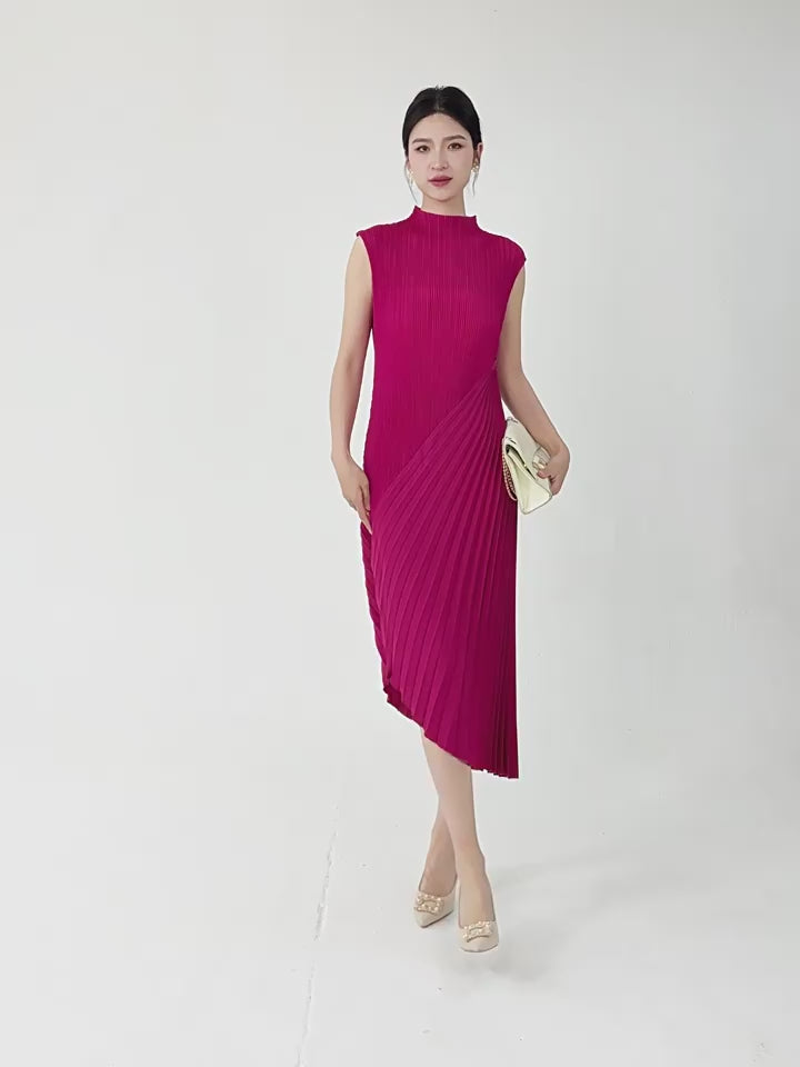 Rose Red Pleated Asymmetrical Dress